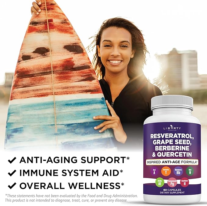Resveratrol, Berberine, Grape Seed Extract, Quercetin, Polyphenol Supplement for Women and Men with Noni Extract, N-Acetyl Cysteine, Acai Extract (60 Count)