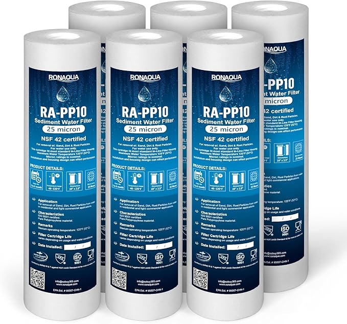Ronaqua 25 Micron Sediment Water Filter Cartridge 10"x2.5", NSF Certified, 4-Layer Filtration for any 10-inch RO Units & Whole House Systems, Compatible with Culligan P5, AP110, WHKF-GD05, 6 Pack