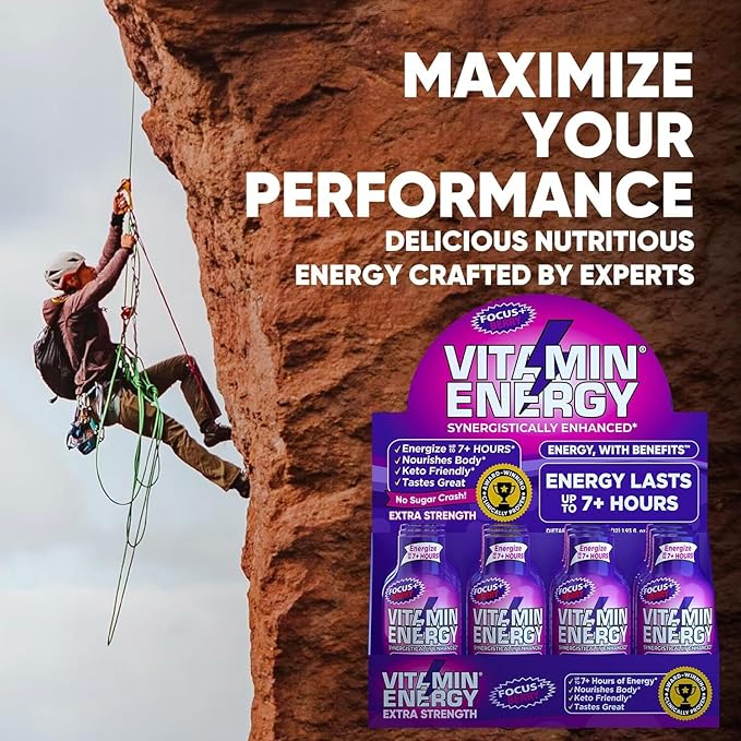 Vitamin Energy Focus+ Extra Strength Energy Shot Berry 48 Pack, 260mg Natural Caffeine, B-Vitamins, CoQ10, Amino Acids, Focus, Productivity & Clarity, Zero Sugar, Gluten-Free, 1.93 fl oz