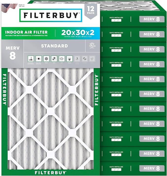 Filterbuy 20x30x2 Air Filter MERV 8 (MPR 700) Dust Defense Replacement (12-Pack), Electrostatic Pleated HVAC AC Furnace Filters, Made in USA (Actual Size: 19.75 x 29.75 x 1.75)