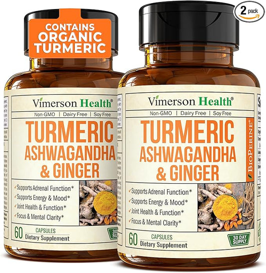 Turmeric Curcumin Ashwagandha Supplements - Turmeric Supplement & Curcumin with Black Pepper (95% Curcuminoids), Organic Tumeric and Ginger for Max Joint Support, Healthy Energy & Mood. Vegan. 2 Pack