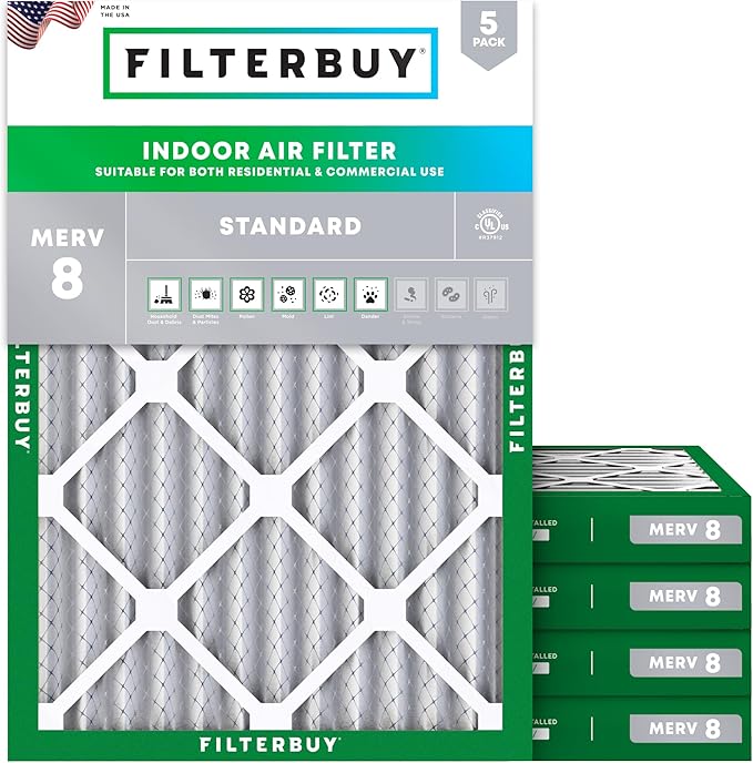 Filterbuy 20x25x2 Air Filter MERV 8 (MPR 700) Dust Defense Replacement (5-Pack), Electrostatic Pleated HVAC AC Furnace Filters, Made in USA (Actual Size: 19.50 x 24.50 x 1.75)