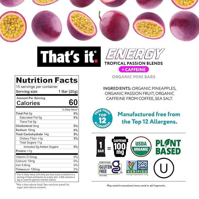 That’s it. Fruit Blends Energy Mini Bars | 100mg Natural Caffeine | 18-Count Variety Pack| 5 each of Tropical Passion, Mango Lime, Piña Colada