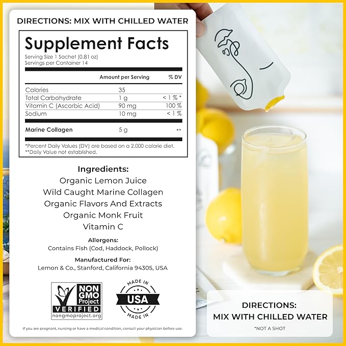 LEMON & CO. Lemon Collagen Elixir - 5g Wild Caught Marine Collagen with Vitamin C & Organic Lemons - Non-GMO, Sugar-Free, Preservative-Free Collagen Water for Nails, Hair & Skin - 14 Packets