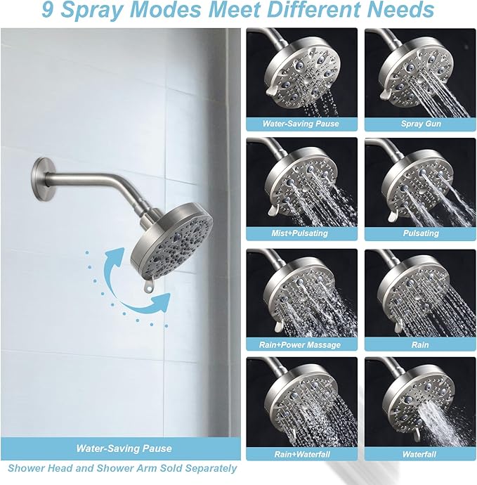OFFO Shower Head, High Pressure Shower Head with Pause Mode, 9 Mode Fixed Showerheads for Strong Water Flow & Relaxing Shower Experience, Brushed Nickel