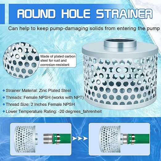 2” Pump Suction Hose Strainer, Round Hole Steel Basket Water Suction Filter, Carbon Steel Plated, with NPT Female Thread (2 inch)
