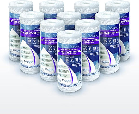 High Capacity Wound String 5 Micron Sediment Water Filter Cartridge 10” x 4.5” Removes Sand, Dirt, Silt, Rust, Extended Filter Life Compatible with 355215-45, 84637, PC10, WP1097P, WPX597P (10 Pack)