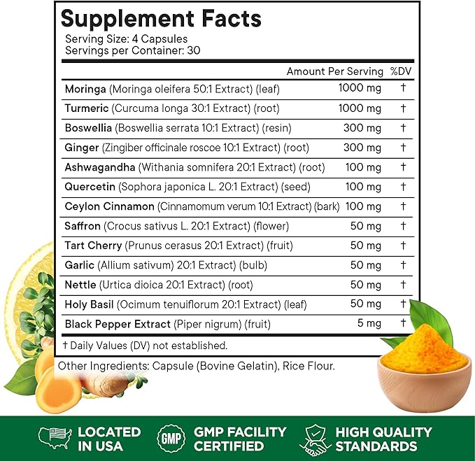 Moringa Supplement | Turmeric, Ginger, Boswellia, Saffron, Holy Basil, Nettle -Support Supplement for Women and Men with Ceylon Cinnamon, Quercetin, Tart Cherry- 120 Capsules
