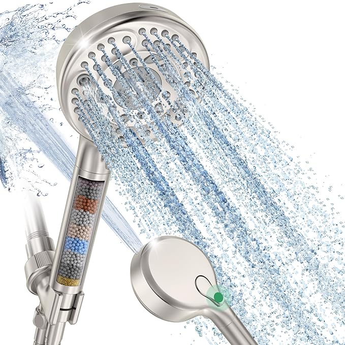 Filtered Shower Head with Handheld, 9-Spray Mode High Pressure Detachable Shower Head with Filters for Hard Water - Remove Chlorine Brushed