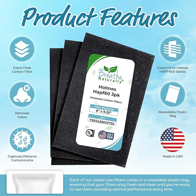 Breathe Naturally - Hapf600 HEPA Carbon Filter Replacement for Holmes Air Purifiers - High Efficiency Carbon Air Cleaner Filters - Compatible with Holmes HAPF600 Series - (3 Pack Carbon Filter C)
