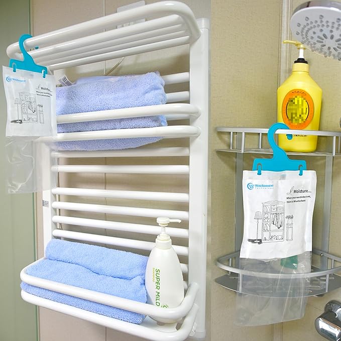 12 Pack (7 oz. ea.) Moisture Absorber Refill Hanging Bags, Moisture Absorber Packets with Reusable 6pcs Hooks, Humidity Packs, Hanging Closet Dehumidifier Bags