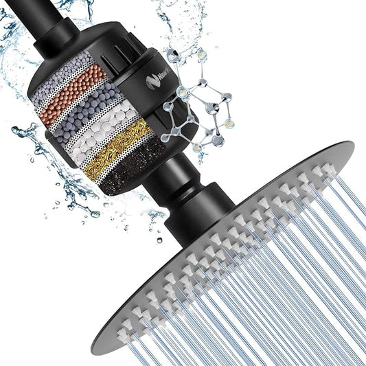NearMoon Shower Head and 15 Stage Shower Filter Combo, High Pressure Filtered Shower for Hard Water, Improves the Condition of Your Skin, Hair (8 Inch, Black)