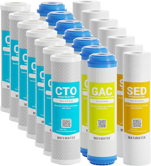 Max Water 5 Micron Replacement 10 x 2.5 inch Filter Cartridge Set For Standard RO | Reverse Osmosis Water Filter Systems - PP Sediment, GAC & CTO | Compatible with AP110, WHKF-GD05, WHKF-WHWC, GAC-10