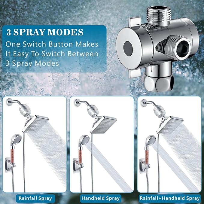 Voolan Filtered Shower Head Set, High Pressure Rain Shower with Handheld Showerhead Combo, Self-adhesive Holder/59" Hose, 20 Stage Filter Removes Chlorine and Harmful Substances (Square,Chrome)