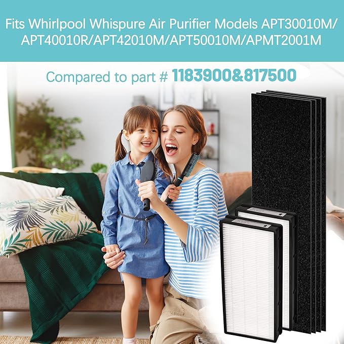 1183900 Replacement Filter Compatible with Whirlpool Air Purifier APT30010M, APT40010R, APT42010M, APT50010M and APMT2001M, with 4 counts 817500 Activated Carbon Pre-filter