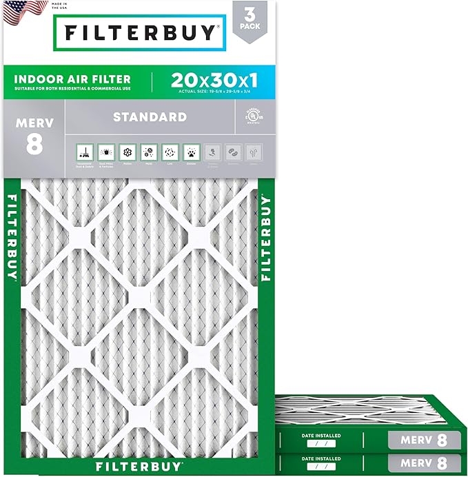 Filterbuy 20x30x1 Air Filter MERV 8 Dust Defense (3-Pack), Pleated HVAC AC Furnace Air Filters Replacement (Actual Size: 19.63 x 29.63 x 0.75 Inches)