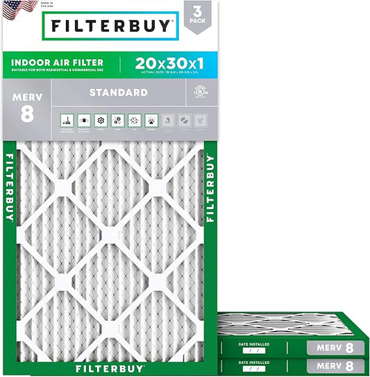 Filterbuy 20x30x1 Air Filter MERV 8 Dust Defense (3-Pack), Pleated HVAC AC Furnace Air Filters Replacement (Actual Size: 19.63 x 29.63 x 0.75 Inches)