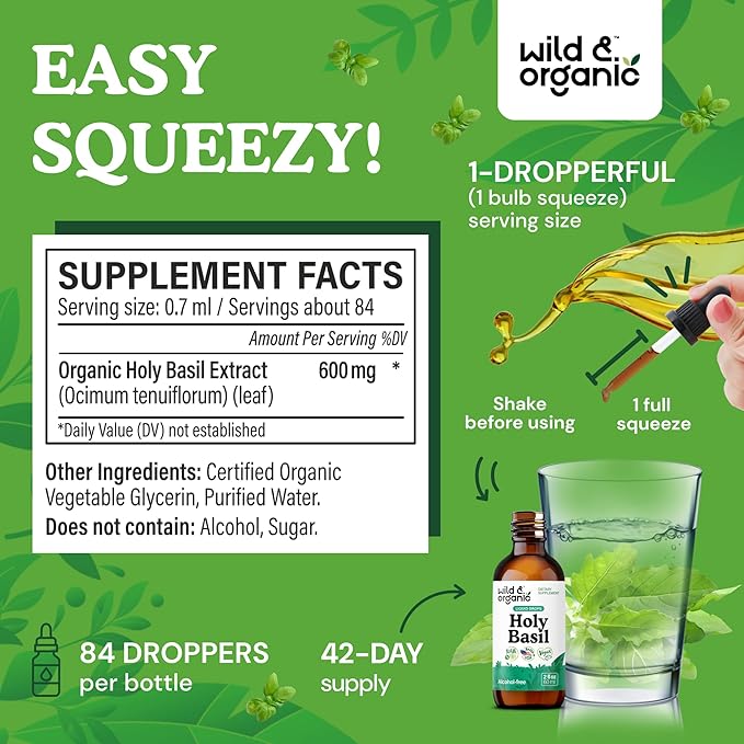 Wild & Organic Holy Basil Leaf Tincture - Relaxation, Calmness, Mood Support - Tulsi Holy Basil Supplement - Vegan, Sugar & Alcohol-Free Herb Extract Drops - 2 fl oz