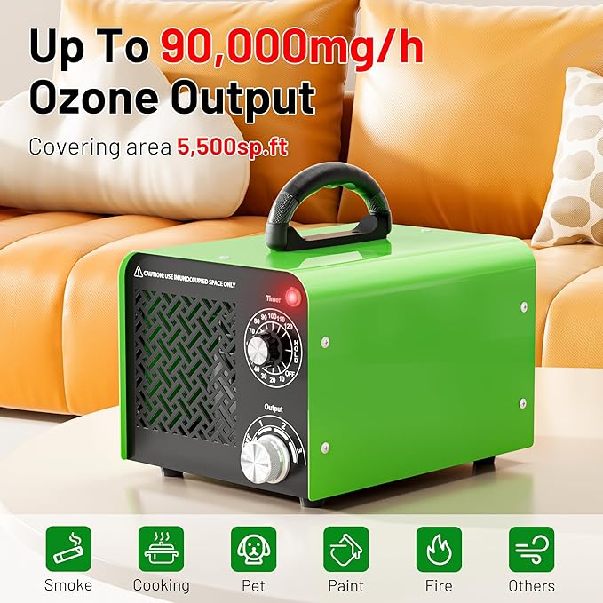 Ozone Generator 90,000mg, Upgraded Triple-Layer Ozone Output Board–Ozone Machine For Areas up to 5,500 sq. ft,Industrial & Home O3 Air Purifier for Home,Rooms, Smoke, Cars,and Pet (Green)