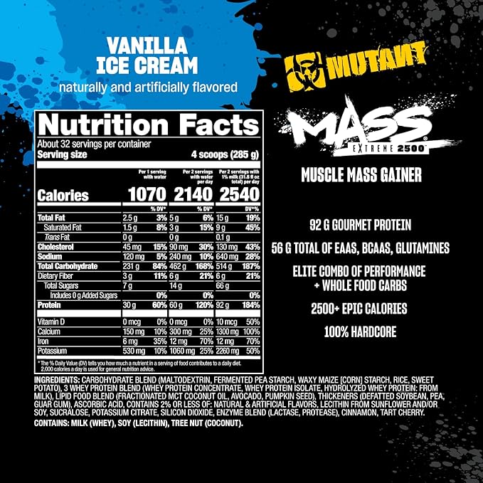 Mutant Mass Extreme Gainer – Whey Protein Powder – Build Muscle Size and Strength – High Density Clean Calories (Cookies and Cream, 6 lbs)