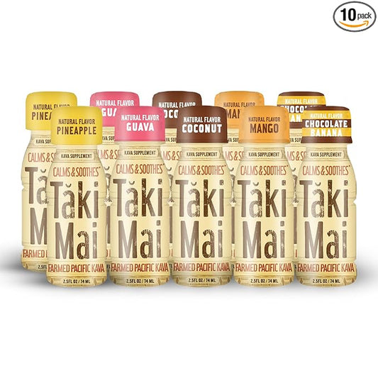 Taki Mai Variety Pack Kava Kava 2.5 oz (10-pack) Shots – Noble Kava Root Drink, Ready to Drink for Stress Support & Relaxation, Fast Acting Herbal Support for Calming Better Sleep and Balanced Mood