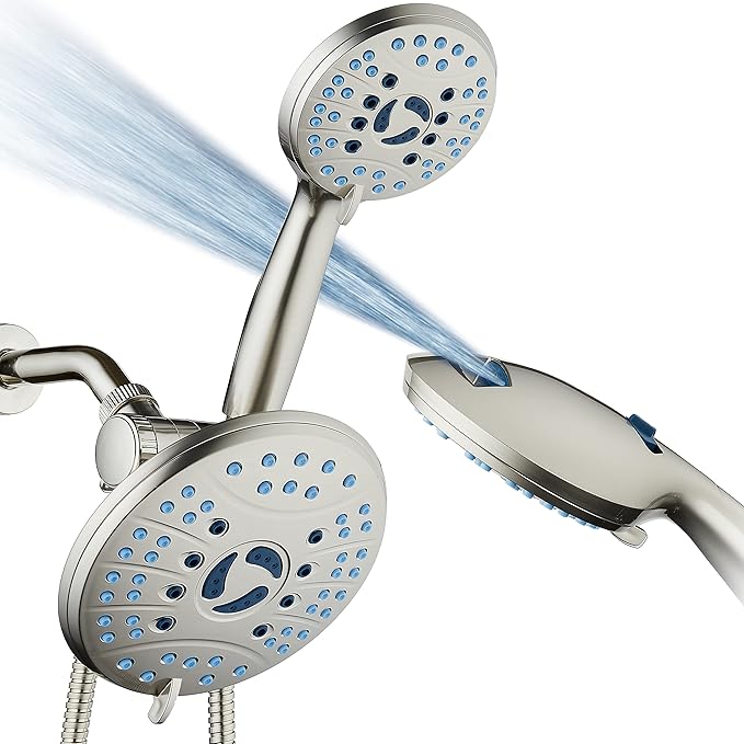 Hotel Spa AquaCare As-Seen-On-TV High Pressure 50-mode Rain & Handheld 3-way Shower Head Combo - Anti-clog Nozzles/Tub, Tile & Pet Power Wash/Extra Long 6 ft. Stainless Steel Hose/Nickel Finish