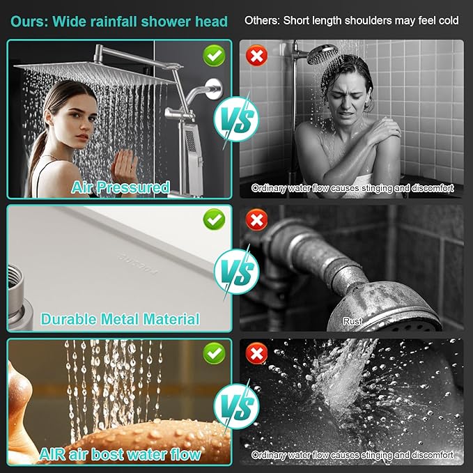 All Metal 10 Inch Rain Shower Head with Handheld Spray Combo, High Pressure Waterfall Rainfall Square Shower Heads with 16" Adjustable Extension Arm, Dual Showerhead with 3-Way Diverter,Brushed Nickel