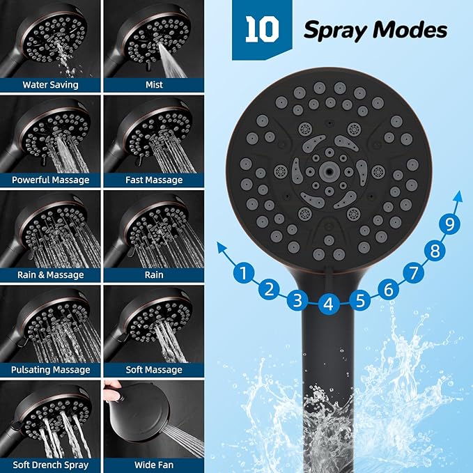 Hibbent Upgraded All Metal 12" Rainfall Showerhead Combo, High Pressure Shower Head with 10-Spray Mode Handheld, 4-way Diverter with Pause Mode, 71'' Shower Hose and Handheld Holder, Oil Rubbed Bronze