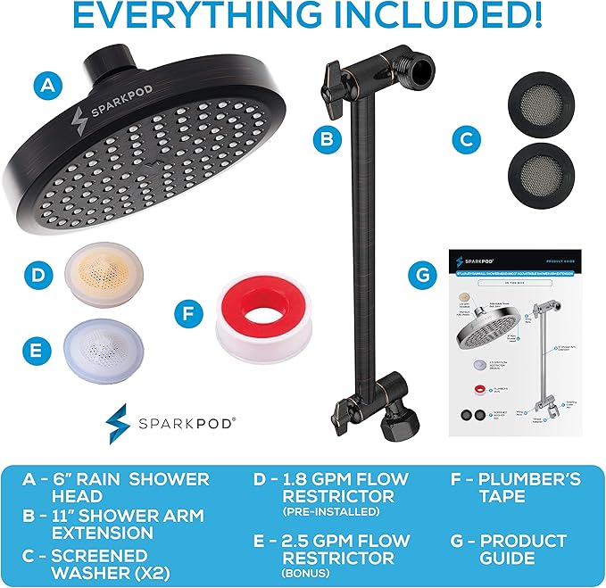 SparkPod Round Rain Shower Head with Extension Arm - Height Adjustable Shower Head with High Pressure Performance - Easy 1-Minute Installation (11" Arm Extension, Vintage Oil-Rubbed Bronze)
