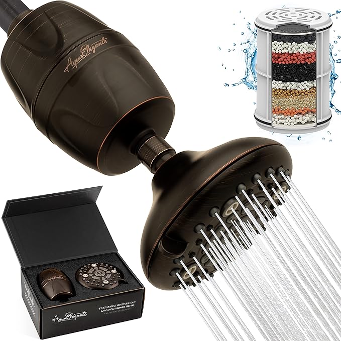 Aqua Elegante High Pressure Shower Head & Filter - Adjustable Water Saving Showerhead For Low Flow Showers With Bath Filters To Remove Chlorine + Hard Minerals 2.5 GPM - Oil-Rubbed Bronze
