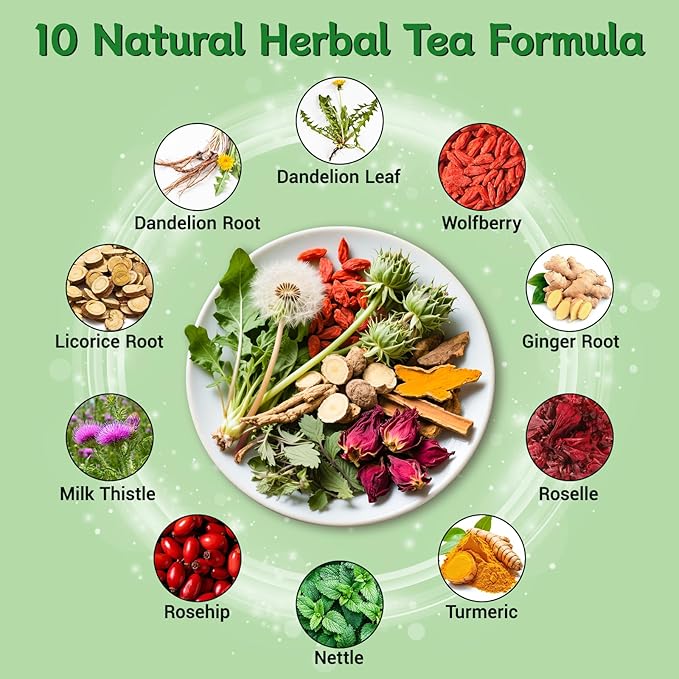 Liver Detox Tea Natural, Liver Cleanse Detox & Repair Dandelion Milk Thistle Tea Support Kidney Health, 10 Precious Ingredients Formula Herbal Teabags for Men & Women (2 Pack/30 Bags)