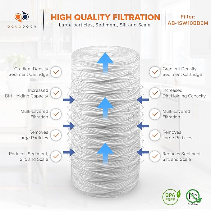 Aquaboon 5 Micron Water Filter 10 x 4.5 inch - String Wound Water Filter for Whole House System - Compatible with 84637, WPX5BB97P, PC10, 355214-45, 355215-45, WP10BB97P, WP5BB97P (4 Pack)