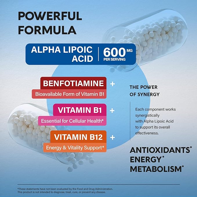 Alpha Lipoic Acid 600mg - ALA Supplement Antioxidant for Nerve, Energy & Metabolism Support - Extra Strength with Benfotiamine, Vitamins B1 & B12 - Lab Tested, Non-GMO & Vegan - 240 Capsules