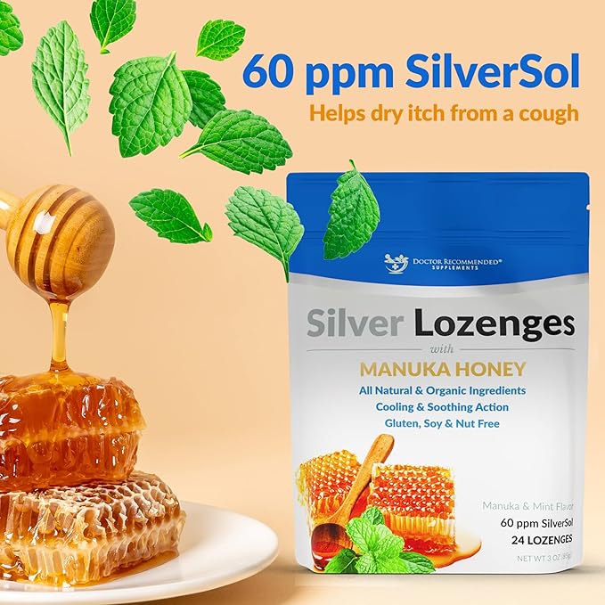 Silver Lozenges with Organic Manuka Honey and Vitamin C - All-Natural Nano Silver 45-50mcg of 60 PPM Colloidal Silver Mineral Drops to Support Immune System, Soothe, Cool Cough & Throat, 24-Lozenges