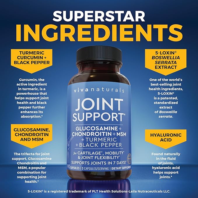 Viva Naturals Glucosamine Chondroitin MSM Joint Support Supplement, 90 Capsules - with Turmeric, Black Pepper, Boswellia and Hyaluronic Acid - Joint Health Supplement for Mobility and Flexibility