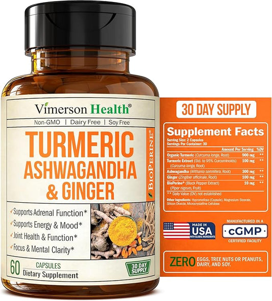 Turmeric Curcumin Ashwagandha Supplements - Turmeric Supplement & Curcumin with Black Pepper (95% Curcuminoids), Organic Tumeric and Ginger for Max Joint Support, Healthy Energy & Mood. 60 Capsules