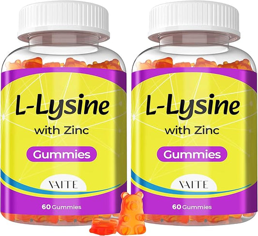 L Lysine Gummies 1000mg with Zinc - Supports Skin, Lip, Vegan, Gluten Free, 60 Chewable L-Lysine for Adults, Vitamins Tissue Health & Immune System, Amino Acid & Complex Supplements, Non-GMO(2Pack)