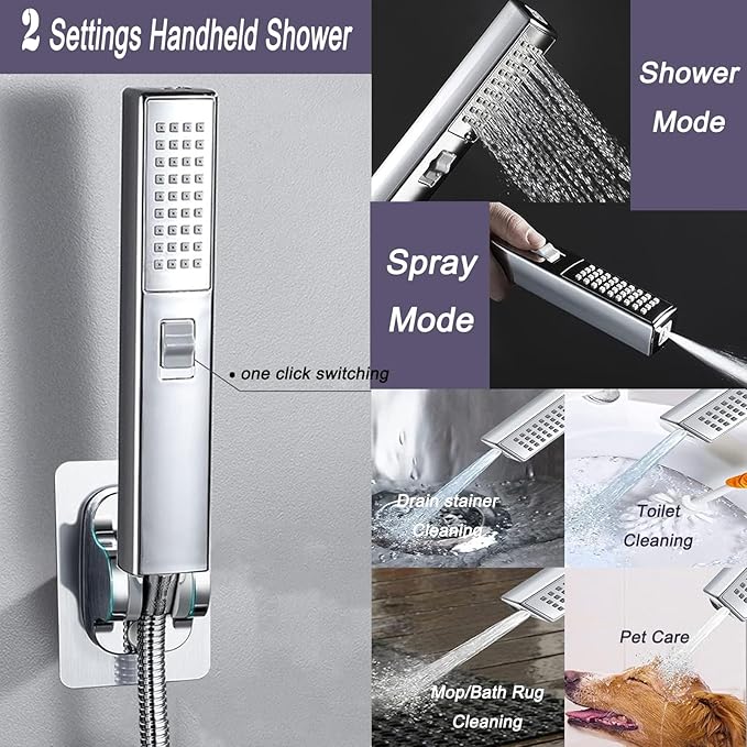 10" High Pressure Square Rainfall Shower Head and 2-in-1 Hand Shower, Equipped with 78"Hose,3 Way Diverter Valve, Adhesive Shower Head Holder (AWAXFOLO Chrome Square Shower Head Set)