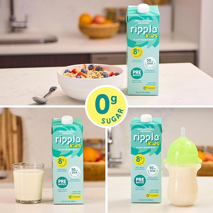Ripple 32 oz Plant Based Milk 8g of Quality Sourced Pea Protein, Calcium Rich | Shelf Stable | Vegan & Non GMO Certified | Dairy, Soy, Nut, Gluten, & Lactose Free (Pack of 6) (32 Fl Oz (Pack of 6), Kids Unsweetened)