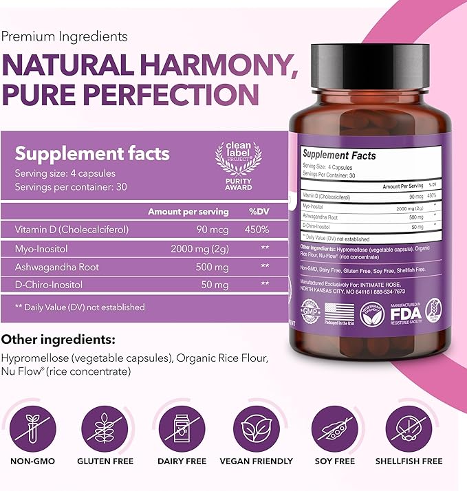 Intimate Rose Myo-Inositol & D-Chiro Inositol Blend - 40:1 Blend Ratio - Women's Daily Wellness Support - Vitamin D & Ashwagandha, 3 Bottles