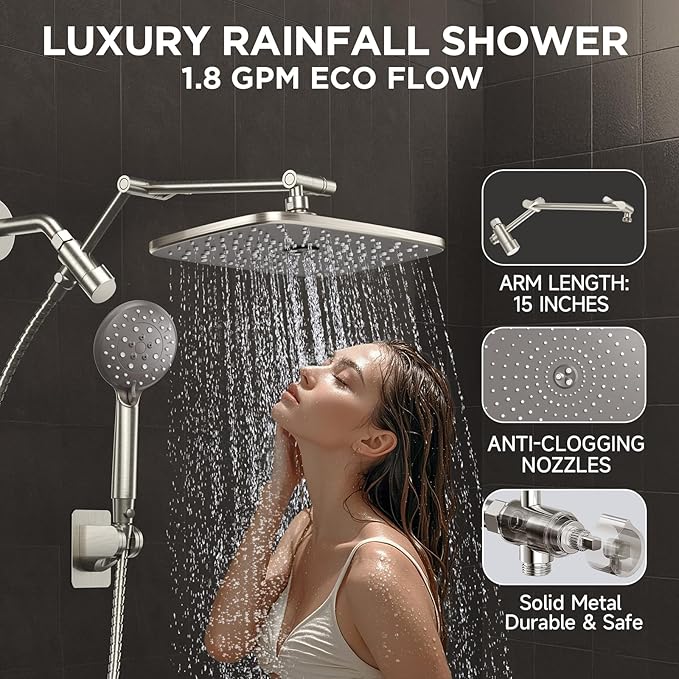 Veken 11.8'' Rain Brushed Nickel Shower Head with Handheld Spray Combo, Extension Arm for Rainfall Showerhead, Muti-modes Massage High Pressure Hand Held Shower Heads with Hose, Anti-Clog Nozzles