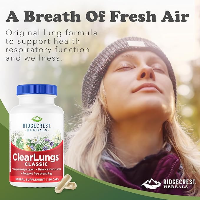 Ridgecrest Herbals ClearLungs Classic, Natural Lung and Nasal Daily Health Supplement for Bronchial, Respiratory, Immune, Sinus, and Mucus Wellness Support, Herbal Formula (120 Caps, 60 Serv)