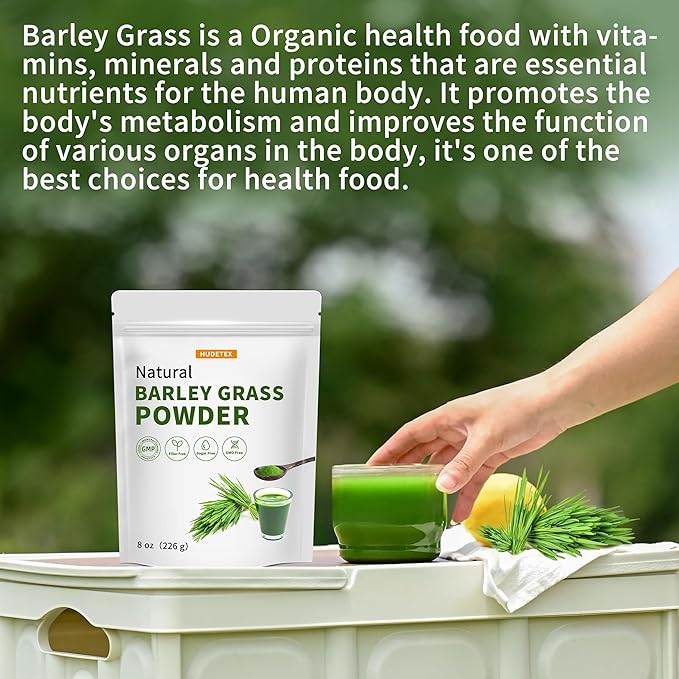 Barley Grass Juice Powder ，Rich in Chlorophyll & Natural Nutrients, Barley Grass Powder - Resealable Bag, Vegan, Non-GMO, Gluten-Free, Sugar-Free，8 oz