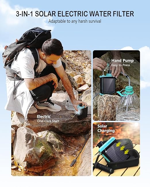 3-in-1 Solar Electric Water Filter with Hand Pump - Camping Water Filtration System Survival, Portable Water Purifier with Emergency Light, Survival Kit for Backpacking, Birthday Gifts for Men