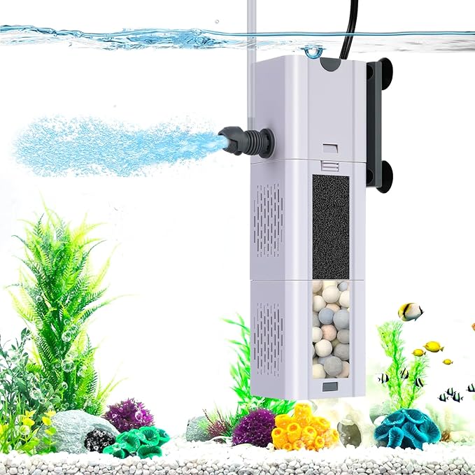 265 GPH 4-in-1 Aquarium Filter, 20-80 Gallon Fish Tank Filters Filtration and Oxygenation, Filter for Fish Tank with Biochemical Cotton, Ceramic Beads, Multi-Functional Turtle Tank Filter(15 W)