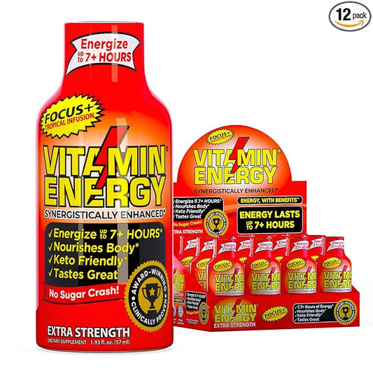 Vitamin Energy Focus+ Extra Strength Daily Energy Shot – Tropical Infusion – 260mg Natural Caffeine, 100% DV B-Vitamins – Focus & Productivity Support – Zero Sugar, Vegan, Kosher – 1.93 fl oz, 12-Pack