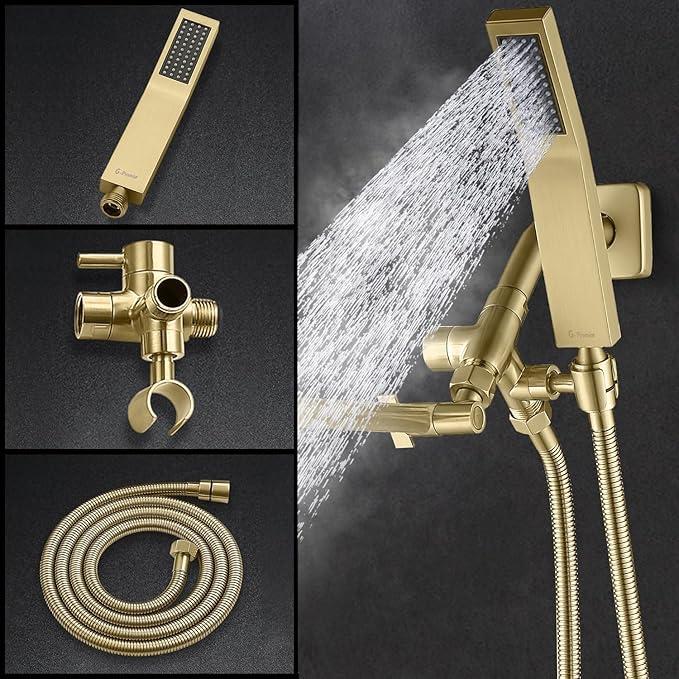 G-Promise All Metal 8-Inch Dual Square Shower Head Combo, Rain Shower Head, Handheld Shower Wand with 71-Inch Extra Long Hose, 3-Way Diverter, Adjustable Extension Arm, Brushed Gold