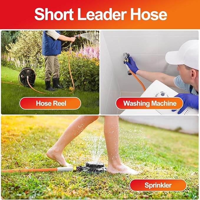 Garden Water Hose 5 ft x 5/8 in, Heavy Duty Leader Pipe Extension, Flexible, Lightweight Kink-less,Hybrid Rubber, with 3/4" Brass Fittings, Orange