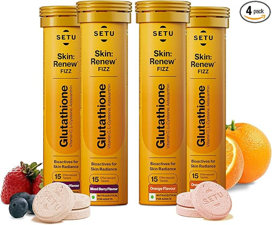SETU Glutathione Effervescent Tablets with 500mg L-Glutathione & Vitamin C | Sugar-Free Antioxidant Supplement | Mixed Berry & Orange (Pack of 4)
