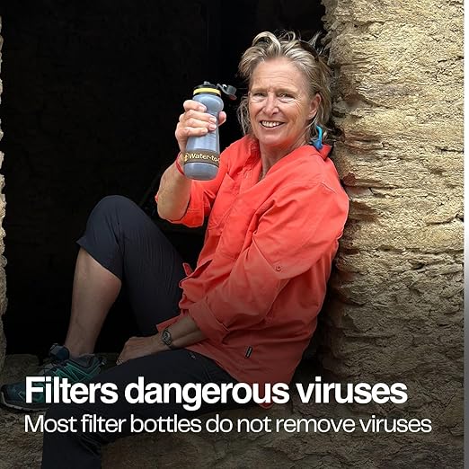 Water Filter Bottle for Hiking - 18.5oz/55cl Compact Outdoor Water Purifier for Backpacking - Eco-Friendly Bioplastic, Leakproof, Small Size